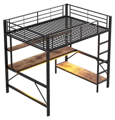 Imagen del producto de Cama alta de metal - 140 x 200 cm - Barandilla de seguridad - Iluminación LED - Puerto USB y enchufe - Escritorio y estanterías - Color negro