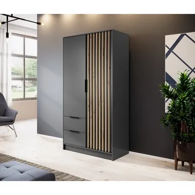 Produktbild von Zweitüriger Kleiderschrank NELA mit Lamellen 105 cm, Graphit / Graphit + Artisan Eiche