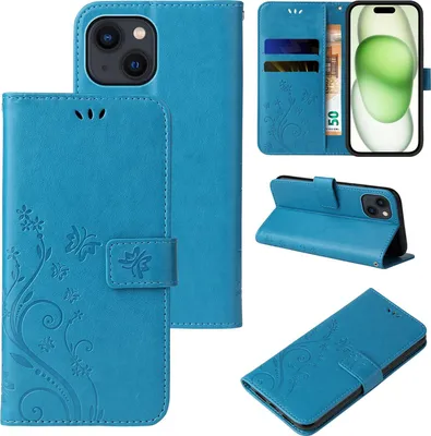 Produktbild von Handyhülle für Apple iPhone 15 Floral Blumen Schmetterling Flip Cover Hülle Case Klapphülle Handytasche Farbe: Blau