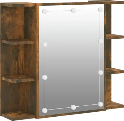 A product shot of a mirrored cabinet with LED lights and shelves.