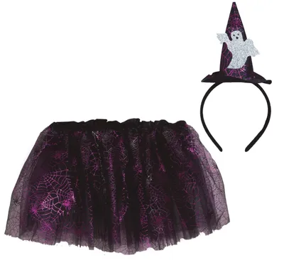 Imagen del producto de Conjunto de disfraz de Halloween "Geist" con estampado de arañas, diadema, tutú, color negro y morado. Ideal para disfraces de fantasmas, cuentos de hadas, ambientes mágicos y espeluznantes, fiestas de carnaval y celebraciones. Color: negro