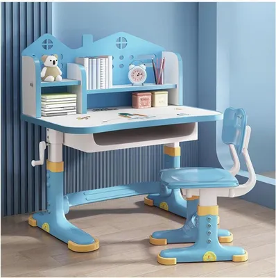 Immagine prodotto di Set di scrivania e sedia per bambini regolabile in altezza con cassetto e libreria blu