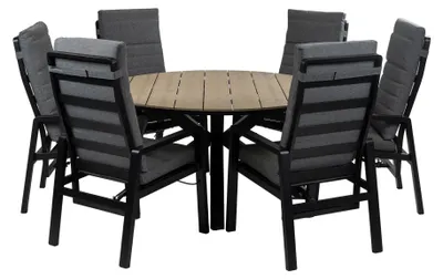 Produktbild von Rundes 7-teiliges Garten-Set | 6 Berlin Gartenstühle (Schwarz) | Limasol Gartentisch ø 150 cm (Wood)