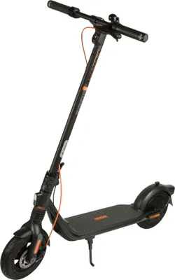 A black electric scooter with orange accents is shown against a white background.