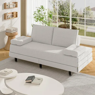 Produktbild von Doppelschlafsofa mit Rückenlehne, Armlehnen und Kissen, ausziehbar, geeignet fürs Wohnzimmer, weiß