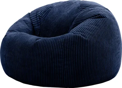 A navy blue corduroy bean bag chair.