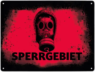 Produktbild von Sperrgebiet Metallschild XXL in 28x38 cm mit Gasmaskenmotiv in rot