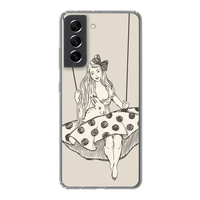 Produktbild von MuchoWow® Handyhülle Schutzhülle Hülle für Samsung Galaxy S21 FE Mädchen in gepunktetem Kleid mit Kaninchen Silikon Softcase Handy Hülle - Mobiltelefonhülle