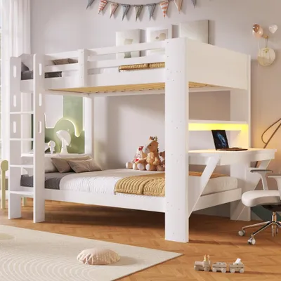 Produktbild von Etagenbett aus Kiefernholz in Weiß mit Schreibtisch, integrierter Steckdose und LED-Lichtleiste, Lieferung ohne Matratze, 90 x 200 cm