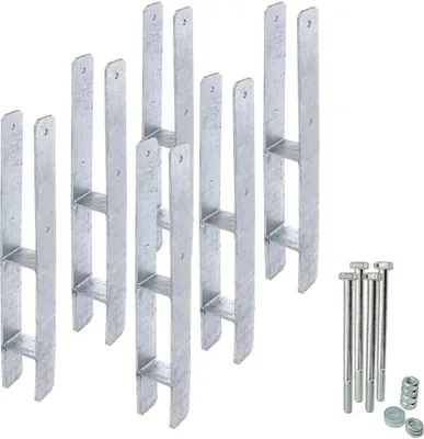 A set of six H-shaped metal post anchors and a screw set are arranged on a white background.