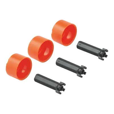 Three orange caps and three black threaded rods are arranged on a white background.