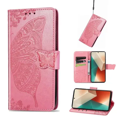 Produktbild von Für Xiaomi Poco M6 Pro 4G / Redmi Note 13 Pro 4G Kunstleder Wallet Handy Tasche Schmetterling Design Schutz Hülle Pink