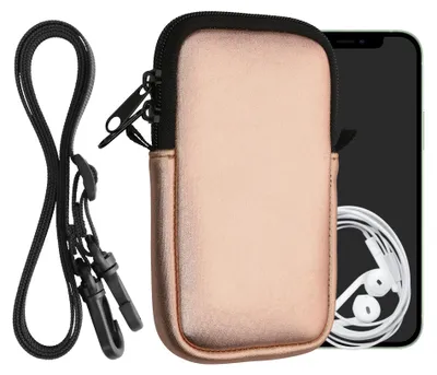 Produktbild von kwmobile Handytasche für Smartphones M - 5,5" - Neopren Handy Hülle Metallic Rosegold mit Kordel - Handy Tasche mit Handykette 15,2 x 8,3 cm Innenmaße
