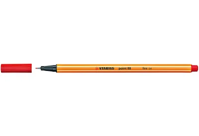 A single red Stabilo Point 88 pen with its cap off, lying on a white background.