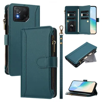 Image de Etui pour Asus ROG Phone 8, zippé, étui portefeuille en cuirPolyuréthaneavec pochettes pour cartes, support et dragonne, vert
