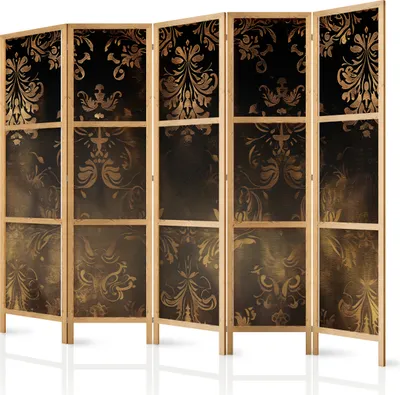 Produktbild von 5-teiliger Einseitiger Vlies Japanischer Paravent - Floral Ornaments Carved in Delicate Sepia and Brown Shades 225x172 cm Blumen f-H-10017-bh-b