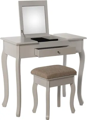 Produktbild von Schminktisch mit Spiegel und Bank aus Holz, weiß, 80 x 40 x 74 cm und 36,5 x 29 x 46 cm