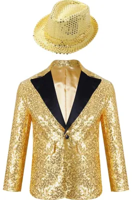 Productafbeelding van Gouden paillettenjas voor jongens, maat 152 cm – Glanzende smokingblazer voor bruiloften, feesten, carnaval en andere speciale gelegenheden