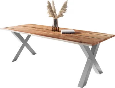 Produktbild von Baumkantentisch Akazie mit schwarzen Resin-Adern naturfarben 260 x 100 cm X-Gestell silber POLLY