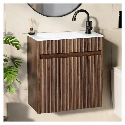 Produktbild von Waschbecken mit Unterschrank, hängend, wasserdicht, Badmöbel Set, 2-teilig, 46 x 26 x 51 cm, Walnussfarbe