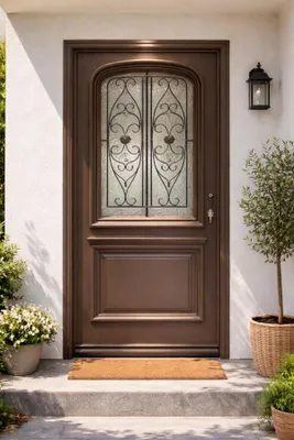 Immagine prodotto di Porta d'ingresso in legno con vetrata Adrien Grigio Quarzo, H.215xL.90 cm lato pannello P. sinistra, maniglia, cilindro, pulsante GD MENUISERIES