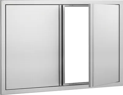 A stainless steel grill access door is shown, with one door slightly ajar.