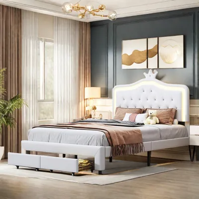 Immagine prodotto di Letto per bambini imbottito 140x200cm con rete a doghe, letto per ragazzi letto per bambini con led, letto singolo con cornice, cassetti, letto in legno classico, PU
