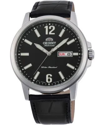 A close-up studio shot of an Orient men's watch with a black dial and black leather strap.