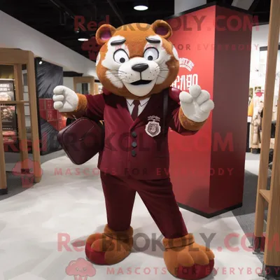 Produktbild von Maskottchen REDBROKOLY eines kastanienbraunen Tigers mit Anzughose und Handtasche