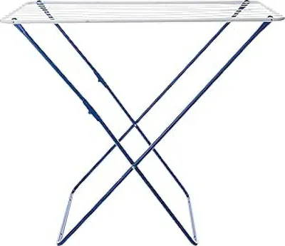 A blue and white drying rack against a white background.