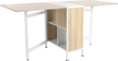 Produktbild von Klappbarer Schreibtisch mit 4 Regalen - Bürotisch - 3 Positionen - Platzsparend - Holz - Zum Selbstaufbau - Weiß