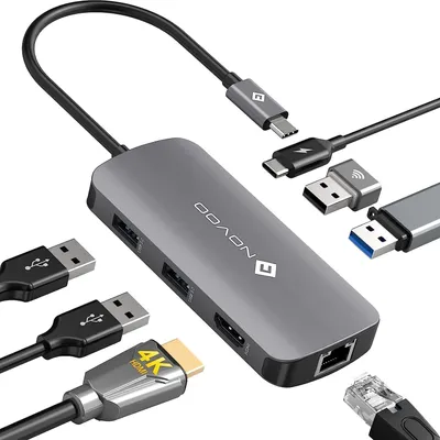 Produktbild von NOVOO USB-C Hub mit 7 Anschlüssen Gigabit Ethernet USB C Adapter 7 in 1 MacBook Pro Air Adapter, 4K HDMI,4xUSB,1 00W PD+Daten Hub Docking Statio