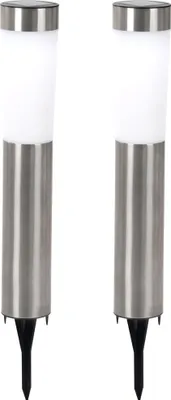 Two LED solar lights with stainless steel finish and white frosted tops, each with a black stake at the bottom.