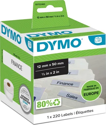Produktbild von DYMO Original LabelWriter Etiketten für Hängemappen | 12 mm x 50 mm | Rolle mit 220 leicht ablösbaren Etiketten | selbstklebend | für LabelWriter Etikettendrucker und Beschriftungsgerät