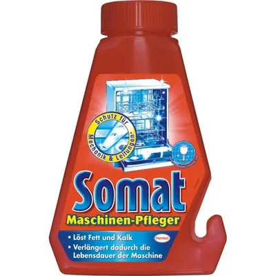 A red bottle of Somat dishwasher cleaner is shown against a white background.