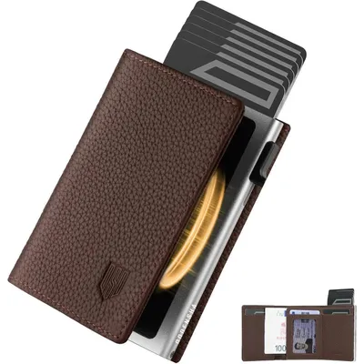 Image de Portefeuille fin avec compartiment à pièces, protection RFID, couleur marron, détails argentés