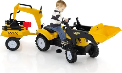 Produktbild von Trettraktor, Kindertraktor mit Anhänger & Schaufel & Frontlader, Kinderbagger Sitzbagger mit Hupe & Rechen, Tretfahrzeug für Kinder ab 3 Jahren (Gelb)