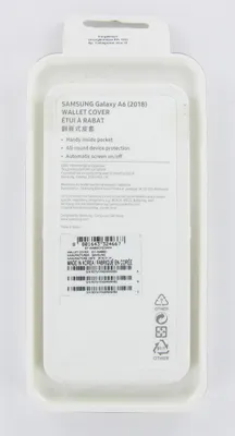 The image shows the back of a white retail package for a Samsung Galaxy A6 (2016) wallet cover.