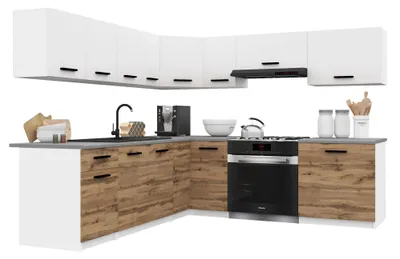 Produktbild von Belini Moderne Küchenzeile Küchenblock ITALIA 7 - Küchenmöbel 420cm Weiß-Goldbraun Matt - Einbauküche mit Hängeschränke, Unterschränke & Arbeitsplatten