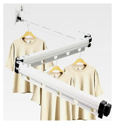 Produktbild von Ausziehbarer Wäscheständer, 3-fach faltbare Wandmontage Kleiderstange 126 cm, platzsparender einziehbarer Faltkleiderständer mit Haken, faltbar für Balkon, Wäsche, Badezimmer, Weiß