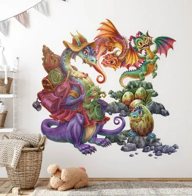 Produktbild von Drachenfamilie – Wandgestaltung – Wandbilder Kinder – Motivtapeten Set – Wanddekor Kinderzimmer – Selbstklebende Wandsticker – 80x97 cm
