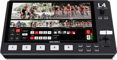 Produktbild von FEELWORLD L4 Multiformat-Videomischer-Umschalter mit 10,1-Zoll-Touchscreen, integriertem Kuehler, 4 x HDMI-Eingang + 1 x USB3.0-Ausgang fuer Live-Stream, E-Sport, Wettbewerb, Interview, Bildung