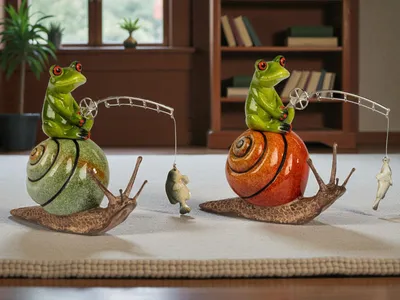 Produktbild von 2er Set Frosch Angler auf Schnecke mit Fisch 18 cm Dekofigur Serie Froschhausen