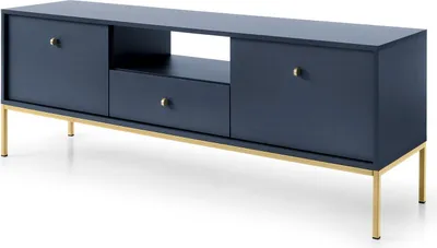 Image de Meuble TV 150 cm Monti - Meuble TV avec tiroirs, salon, pieds métal 18 cm, meuble TV 2 portes (bleu + or)