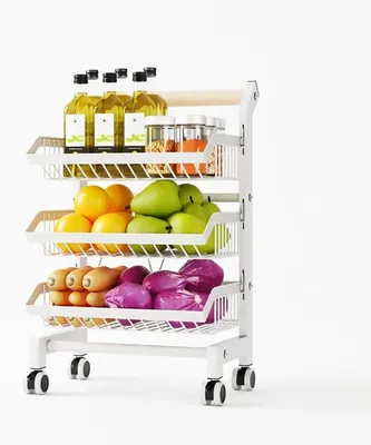 Zdjęcie produktu dla Wózek kuchenny – składany wózek kuchenny z 3 półkami – regał z siatki – kółka obrotowe o 360° – wąska półka na owoce i warzywa – biały
