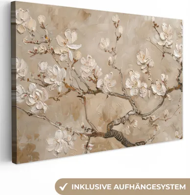 Produktbild von MuchoWow® - Leinwandbilder - Blumen - Modern - Beige - Weiß - Blüte, Wandbild, Wanddeko Bilder Wohnzimmer, 120x80cm