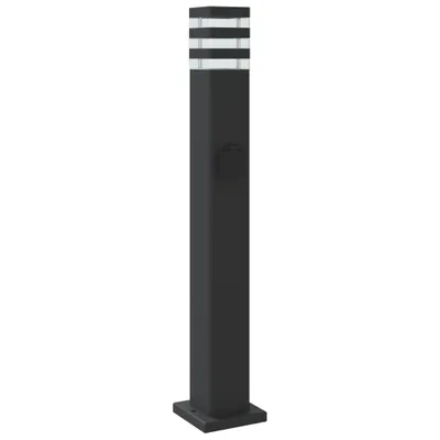 A black bollard light with a built-in socket against a white background.