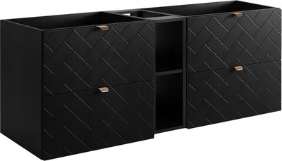 A black bathroom vanity unit with a herringbone pattern on the drawers and bronze handles.