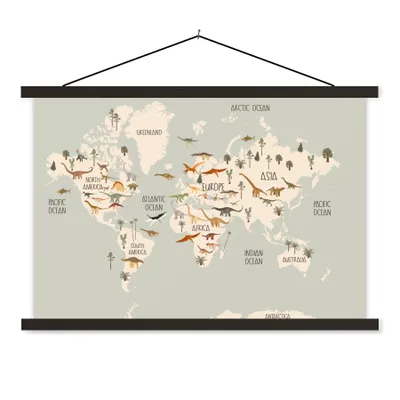 Obrázok produktu pre MuchoWow® Textilný plagát - Mapa sveta pre deti - Dino's - Deti - Chlapci - Dievčatá - Deti - 120x80cm - S čiernymi lamelami