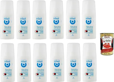 Produktbild von Infasil Neutro extra delicato, Neutral, extra sanft, Deo Vapo, kein Gas, ohne Aluminiumsalze, Fleckenschutz, Deodorant 12x 70ml + Italian Gourmet polpa 400g